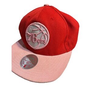 Rare Mitchell & Ness Philadelphia 76ers Pink Red Snapback Hat NBA Adjustable